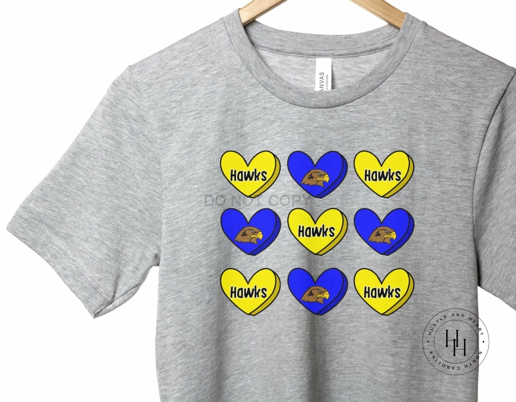 Hustle & Heart NC Valentine's Day Hawks Blue And Yellow Conversation Heart Graphic Tee