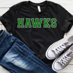 Hustle And Heart NC Hawks Green/Silver Faux Chenille Letters Graphic Tee Faux Chenille And Glitter Letter Patch Tees