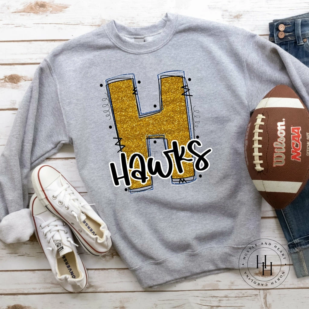 Hustle & Heart NC Hawks Yellow/Blue Glitter Varsity Doodle