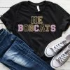 Hustle And Heart NC Faux Chenille And Glitter Letter Patch Tees HE BOBCATS Black Tee Faux Chenille Letters Graphic Tee