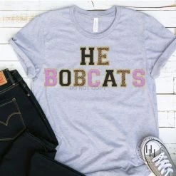 Hustle And Heart NC Faux Chenille And Glitter Letter Patch Tees HE BOBCATS Grey Tee Faux Chenille Letters Graphic Tee