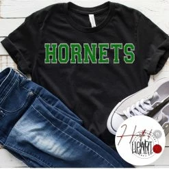 Hustle And Heart NC Hornets Green/Silver Faux Chenille Letters Graphic Tee