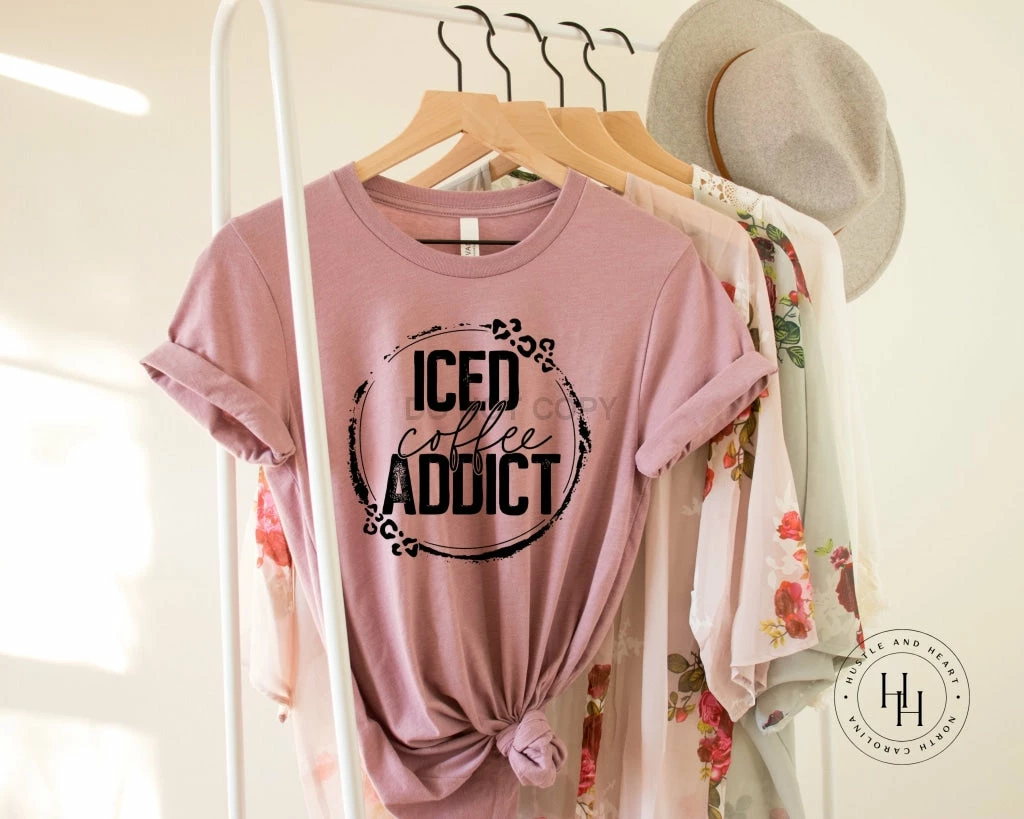 Hustle & Heart NC Iced Coffee Addict Leopard Lightning Bolt Wreath Graphic Tee NSFW & Adult Humor