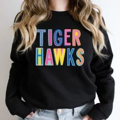 Hustle And Heart NC Colorful Block Mascots Tigerhawks Colorful Graphic Tee