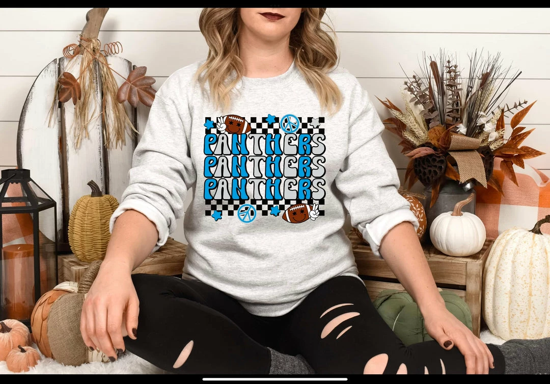 Hustle And Heart NC Panthers Retro Stacked Mascot Graphic Tee Stacked Mascot Designs