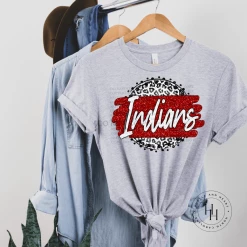 Hustle & Heart NC Indians Red Faux Glitter Grey Leopard Circle Graphic Tee