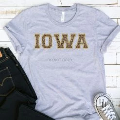 Hustle And Heart NC Faux Chenille And Glitter Letter Patch Tees IOWA Leopard Faux Chenille Letters Graphic Tee