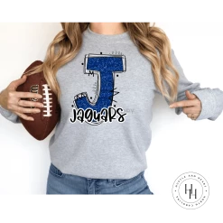 Hustle & Heart NC School Doodle Designs Jaguars Blue Glitter Varsity Doodle