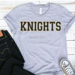 Hustle And Heart NC Knights Black/Gold Faux Chenille Letters Graphic Tee Faux Chenille And Glitter Letter Patch Tees