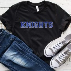 Hustle And Heart NC Knights Blue Faux Chenille Letters Graphic Tee Faux Chenille And Glitter Letter Patch Tees