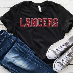 Hustle And Heart NC Faux Chenille And Glitter Letter Patch Tees LANCERS Red/Silver Faux Chenille Letters Graphic Tee