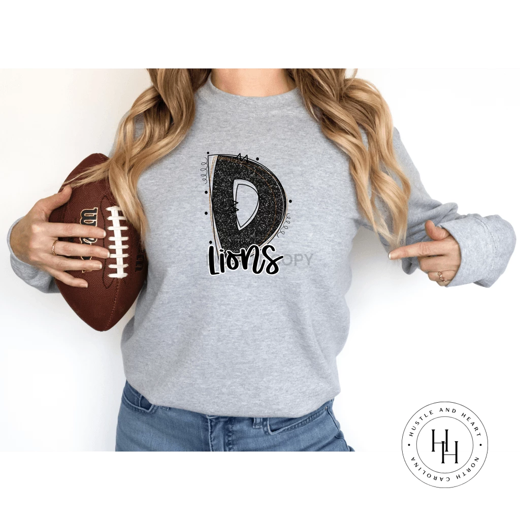 Hustle & Heart NC Lions Black/Gold Glitter Varsity Doodle School Doodle Designs