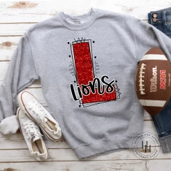 Hustle & Heart NC School Doodle Designs Lions Red Glitter Varsity Doodle