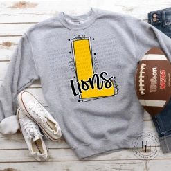 Hustle & Heart NC School Doodle Designs Lions Yellow Gold Varsity Doodle