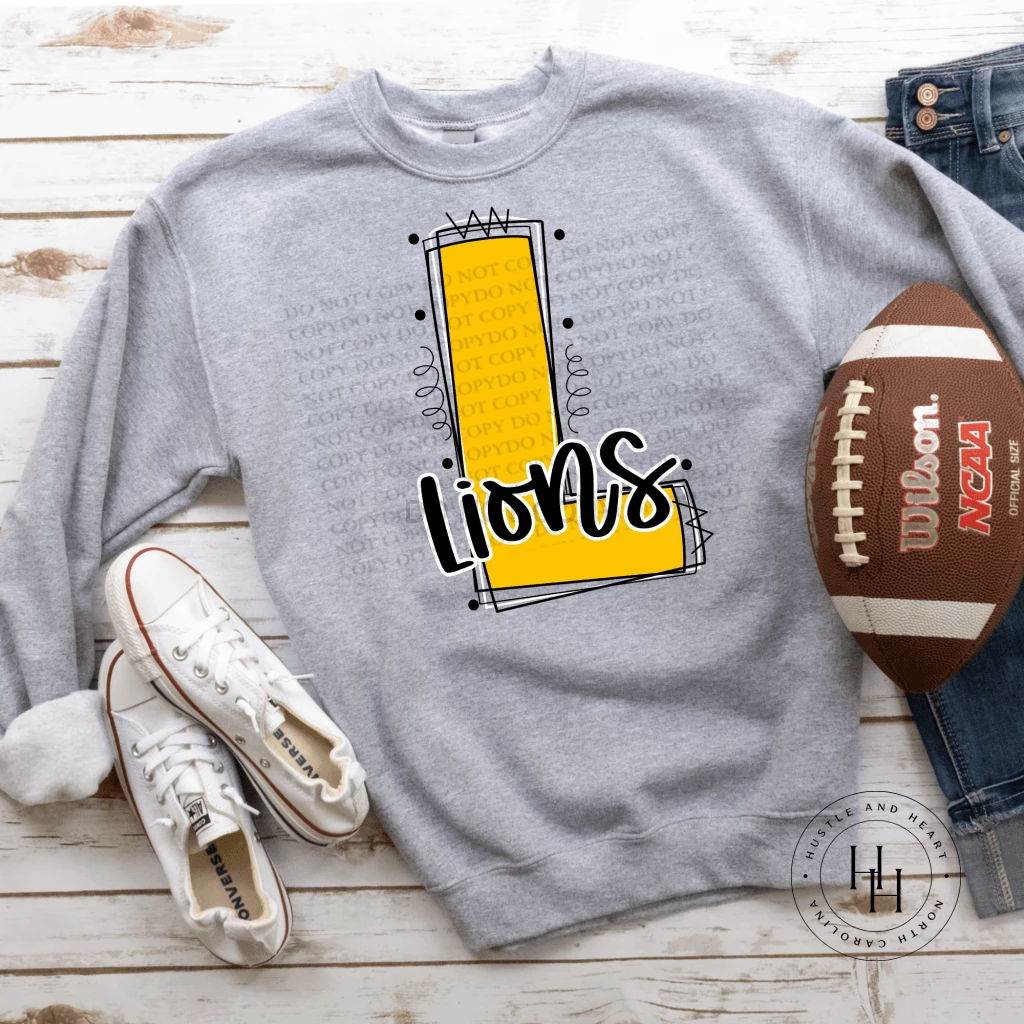 Hustle & Heart NC School Doodle Designs Lions Yellow Gold Varsity Doodle