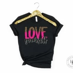 Hustle & Heart NC Valentine's Day Love Yourself Hot Pink And Leopard Split Graphic Tee