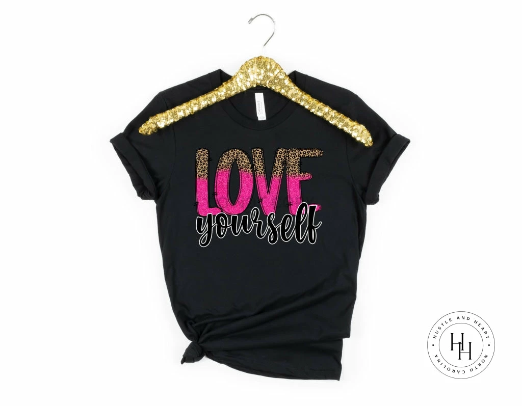 Hustle & Heart NC Valentine's Day Love Yourself Hot Pink And Leopard Split Graphic Tee