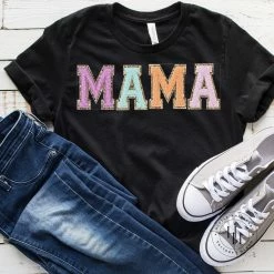 Hustle And Heart NC Faux Chenille And Glitter Letter Patch Tees MAMA Colorful Faux Chenille Letters Graphic Tee