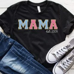 Hustle & Heart NC Customizable Name Tees MAMA EST Blue/Pink Faux Chenille Graphic Tee