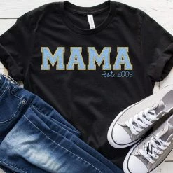 Hustle & Heart NC Customizable Name Tees MAMA EST Light Blue Faux Chenille Graphic Tee