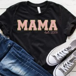 Hustle & Heart NC Customizable Name Tees MAMA EST Light Pink Faux Chenille Graphic Tee
