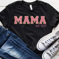 Hustle & Heart NC MAMA EST Pink Faux Chenille Graphic Tee