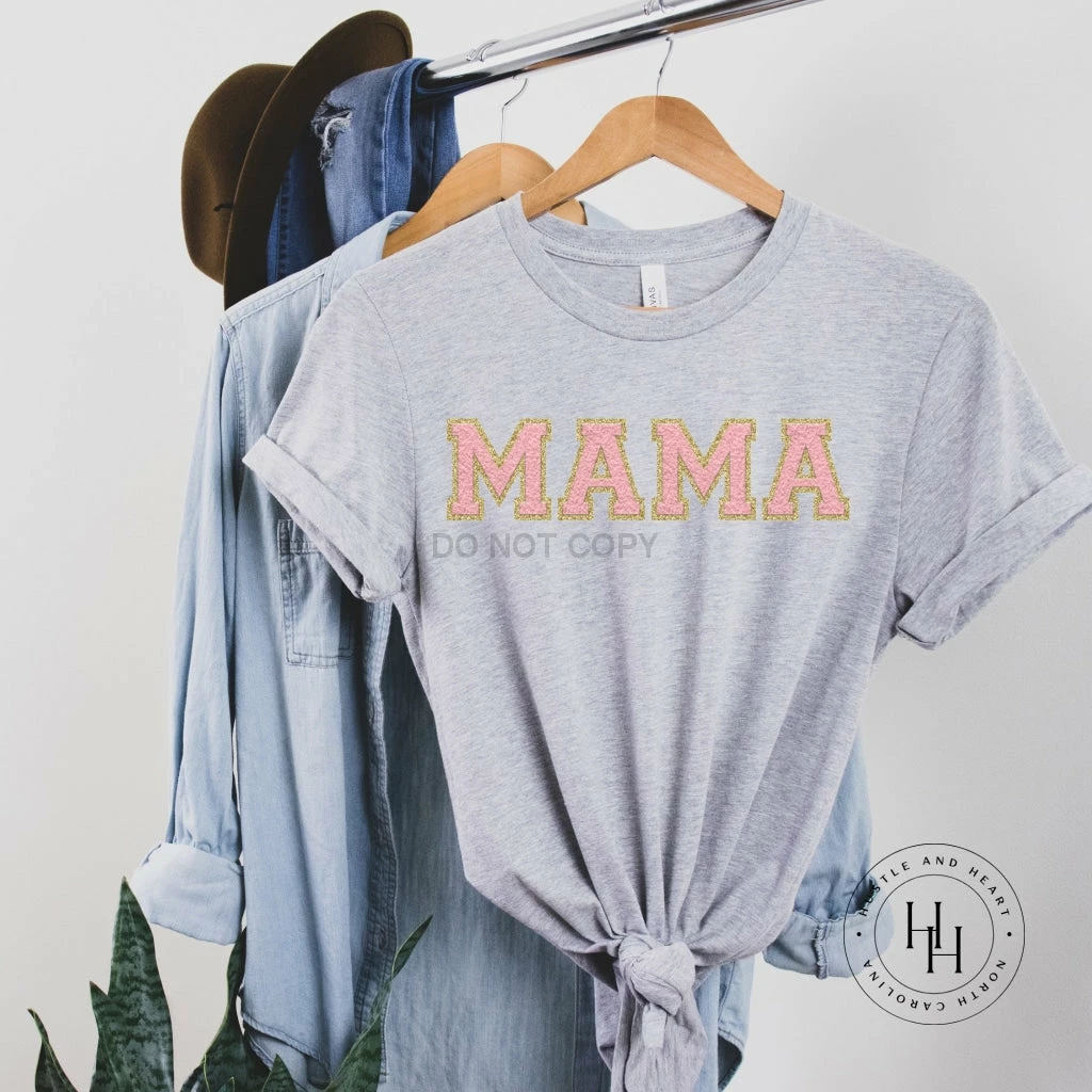 Hustle And Heart NC Mama Light Pink/Gold Faux Chenille Letters Graphic Tee Faux Chenille And Glitter Letter Patch Tees