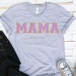 Hustle And Heart NC Mama Lilac/Gold Faux Chenille Letters Graphic Tee Faux Chenille And Glitter Letter Patch Tees