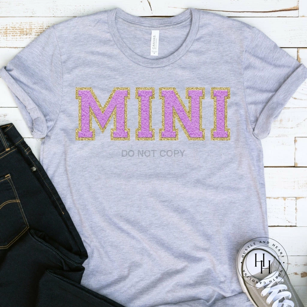 Hustle And Heart NC Mini Lilac/Gold Faux Chenille Letters Graphic Tee Faux Chenille And Glitter Letter Patch Tees
