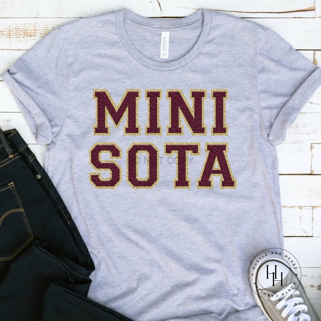 Hustle And Heart NC Faux Chenille And Glitter Letter Patch Tees Mini Sota Burgundy/Gold Faux Chenille Letters Graphic Tee