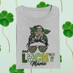 Hustle & Heart NC St. Patrick's Day One Lucky Mama Leopard St Patricks Day Rainbow Graphic Tee