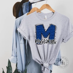 Hustle & Heart NC Mustangs Blue Glitter Varsity Doodle