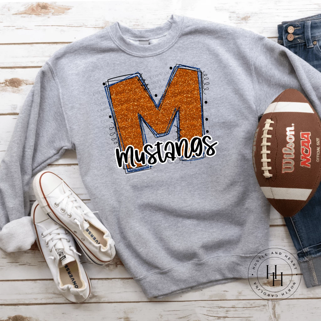 Hustle & Heart NC Mustangs Orange/Blue Glitter Varsity Doodle School Doodle Designs