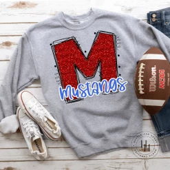 Hustle & Heart NC Mustangs Red Glitter Varsity Doodle