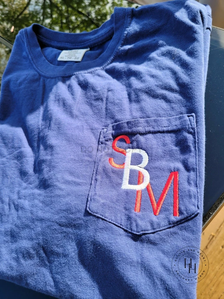 Hustle And Heart NC *MYSTERY* Embroidered Comfort Color Monogram Pocket Tee Monogram Tees