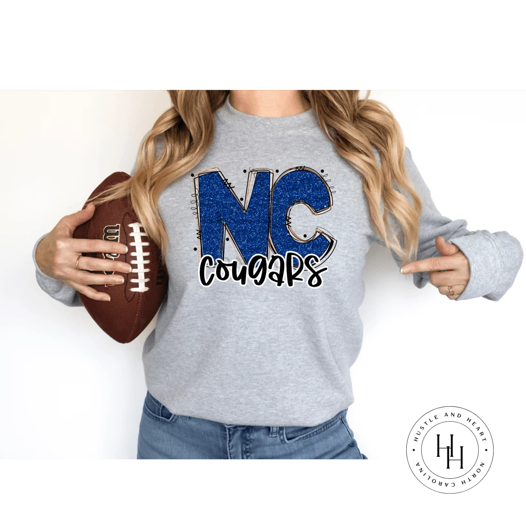 Hustle & Heart NC NC Cougars Blue Glitter Varsity Doodle