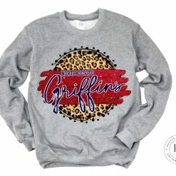 Hustle & Heart NC North Desoto Griffins Red/Blue With White Outline Faux Glitter Leopard Circle Designs