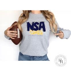 Hustle & Heart NC NSA Saints Navy/Gold Glitter Varsity Doodle
