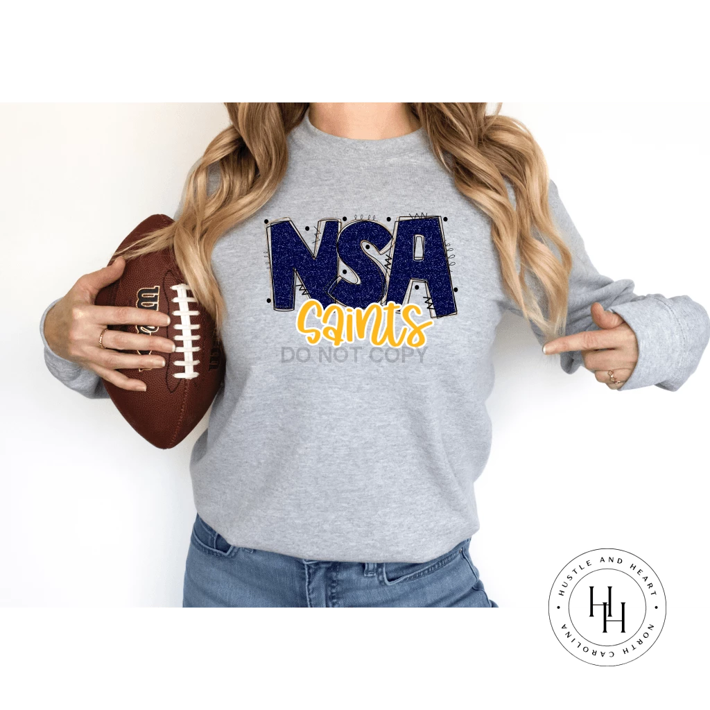 Hustle & Heart NC NSA Saints Navy/Gold Glitter Varsity Doodle