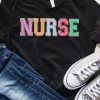 Hustle And Heart NC Nurse Colorful Black Tee Faux Chenille Letters Graphic Tee Faux Chenille And Glitter Letter Patch Tees