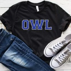 Hustle And Heart NC Faux Chenille And Glitter Letter Patch Tees Owl Blue Faux Chenille Letters Graphic Tee