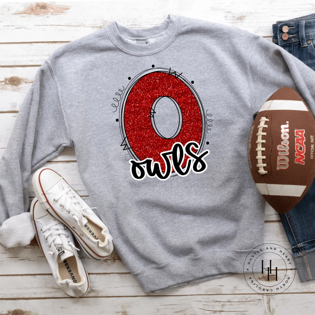 Hustle & Heart NC Owls Red Glitter Varsity Doodle School Doodle Designs