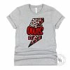 Hustle And Heart NC Owls Red/Black Bolt Graphic Tee Faux Chenille And Glitter Letter Patch Tees