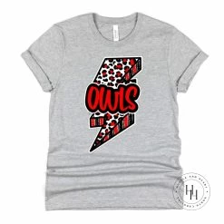 Hustle And Heart NC Owls Red/Black Bolt Graphic Tee Faux Chenille And Glitter Letter Patch Tees
