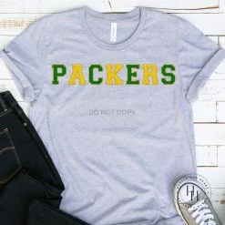 Hustle And Heart NC Packers Green/Yellow/Gold Faux Chenille Letters Graphic Tee Faux Chenille And Glitter Letter Patch Tees