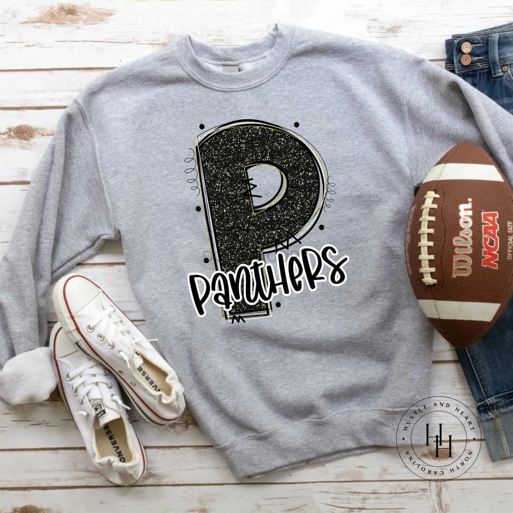 Hustle & Heart NC School Doodle Designs Panthers Black/Yellow Glitter Varsity Doodle
