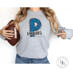 Hustle & Heart NC School Doodle Designs Panthers Blue Glitter Varsity Doodle