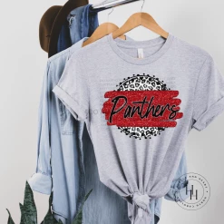 Hustle & Heart NC Panthers Red Grey Leopard Graphic Tee