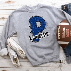 Hustle & Heart NC Pioneers Blue Glitter Varsity Doodle