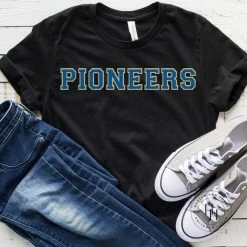 Hustle And Heart NC Pioneers Saphire Blue/Gold Faux Chenille Letters Graphic Tee Faux Chenille And Glitter Letter Patch Tees